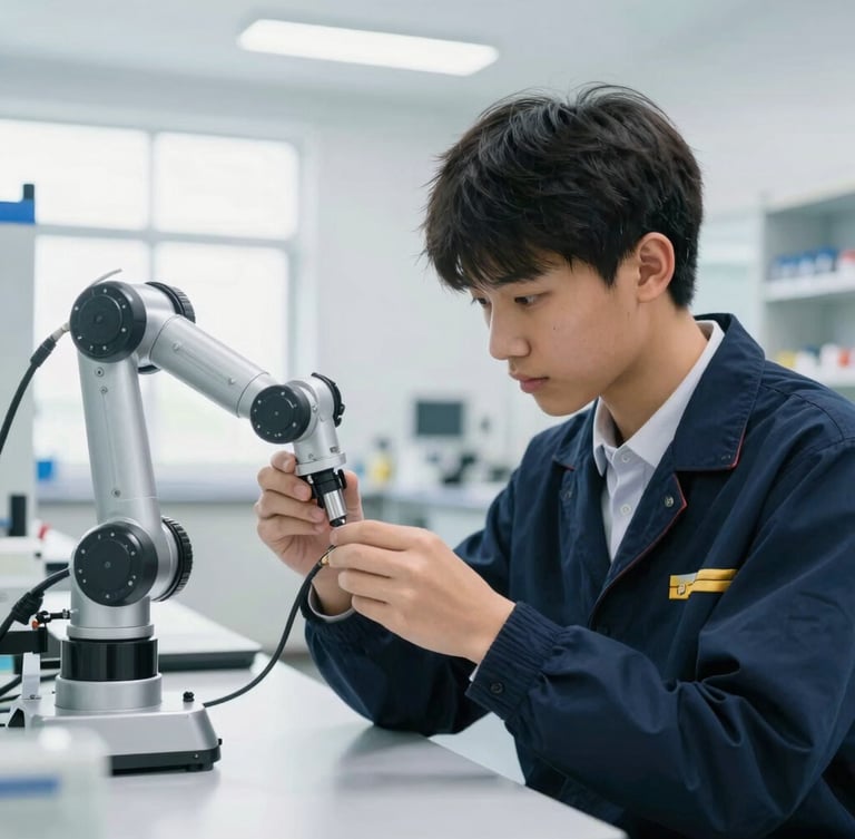 A close-up of a high-school student in deep concentration adjusting a robotic arm in a modern, brightly lit science laboratory, cool-toned indoor lighting, 35mm lens