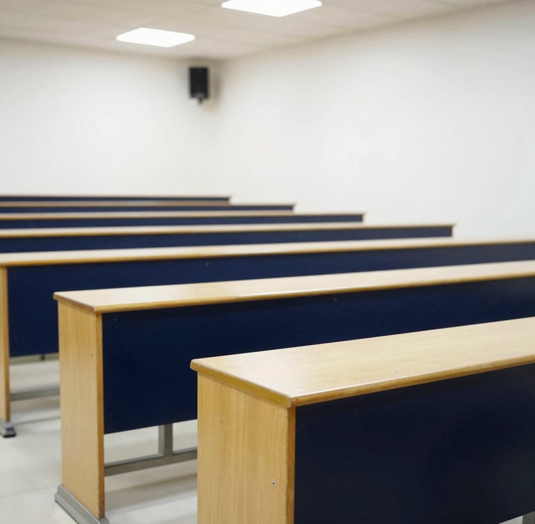 A clean environmental shot of a modern lecture hall in Pakistan with bright natural daylight, sharp focus, 35mm lens
