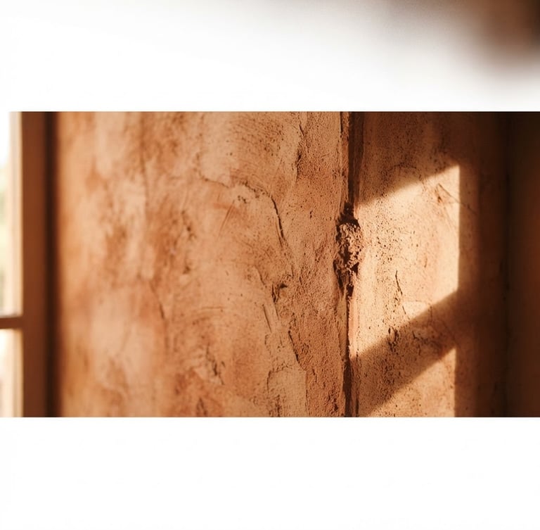 Close-up of a warm terracotta plaster wall with subtle trowel marks, soft natural light creating architectural shadows, high texture detail, panoramic 21:9 frame, off-center focus.