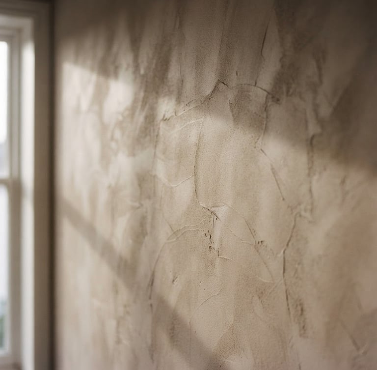 Close-up of a Roman Clay wall in a warm taupe with subtle, smooth trowel marks, soft natural window light casting architectural shadows, minimalist interior, shallow depth of field.