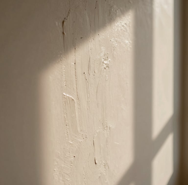 Close-up of a hand-troweled limewash wall, showing subtle texture and natural light creating soft architectural shadows, warm editorial photography, shallow depth of field