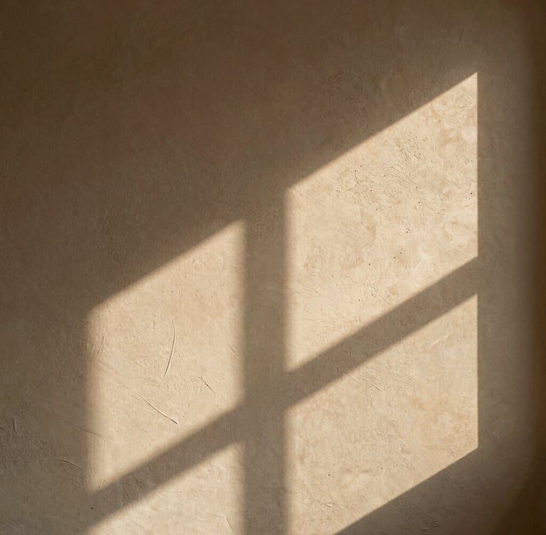 Portrait-oriented image of natural light casting dramatic architectural shadows across a subtly textured limewash wall, warm editorial photography.
