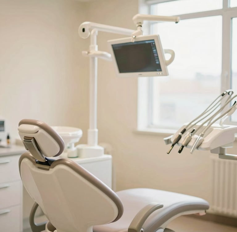 A bright, clean dental consultation office with soft natural window light, a modern dental chair in soft focus, and warm cream walls, warm editorial photography, shallow depth of field, 35mm lens.
