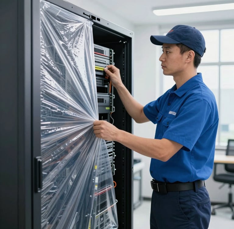 Crisp commercial photography, bright natural daylight, medium-close shot of a uniformed logistics technician carefully securing static-free protective wrap around a server rack, clean composition, 35mm lens.