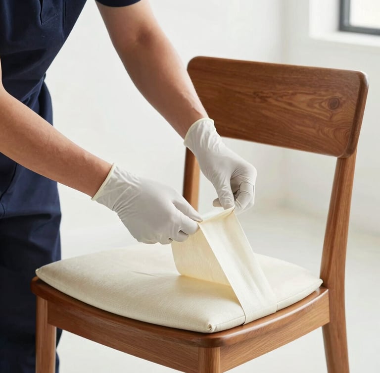 Close-up of professional gloved hands carefully double-wrapping a mid-century modern wooden chair with heavy-duty protective padding inside a bright, clean room.