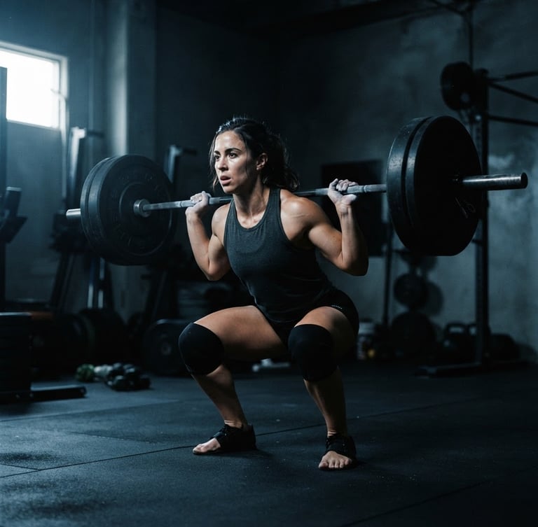 Moody athletic photography of a focused professional training in a dark, side-lit private gym, cool tones, sharp focus, 35mm film