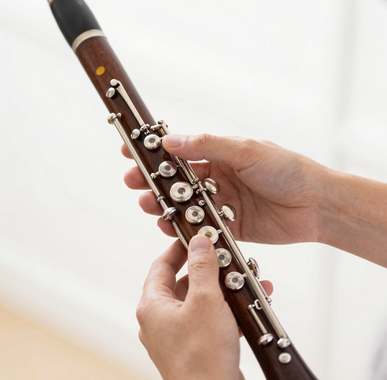 Close-up of hands holding an elegant wooden clarinet, fingers on the silver keys, bright daylight, soft gold reflections, shallow depth of field.