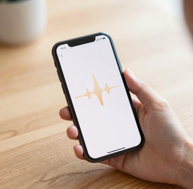 Hands holding a clean smartphone displaying a minimalist metronome application, soft natural daylight, warm wood table background, shallow depth of field.