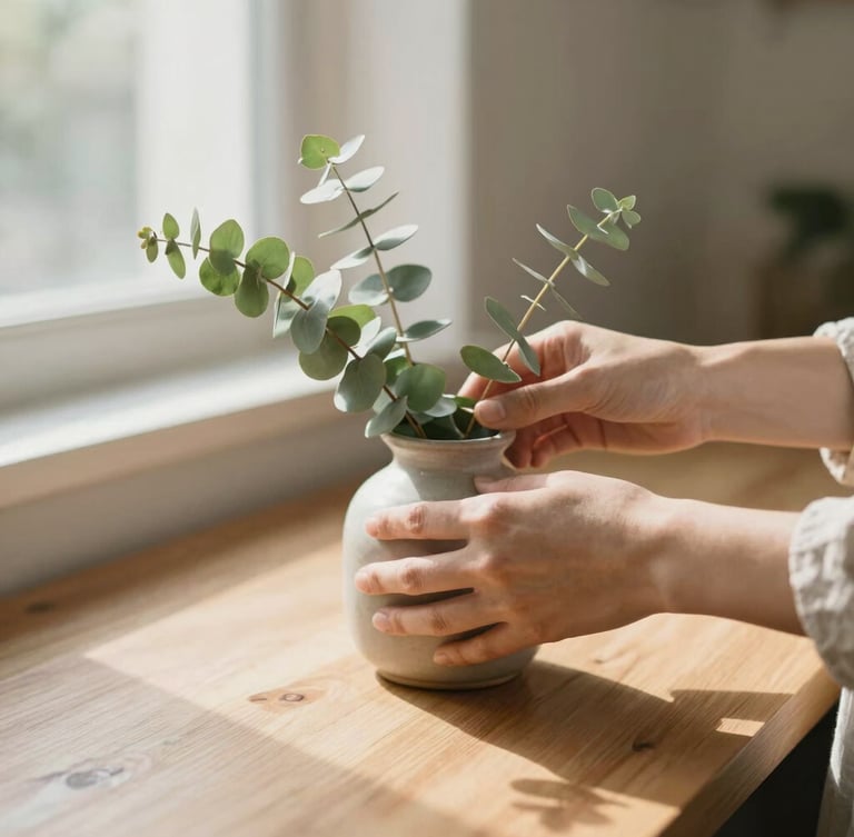Close-up of gentle hands arranging fresh eucalyptus in a ceramic vase on a warm timber counter, soft morning shadows, shallow depth of field, 35mm