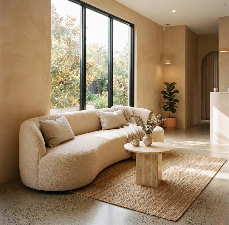 A sunlit minimalist dental clinic lobby with warm sand-colored plaster walls, a curved bouclé sofa, a travertine side table, soft morning window light, 35mm photography