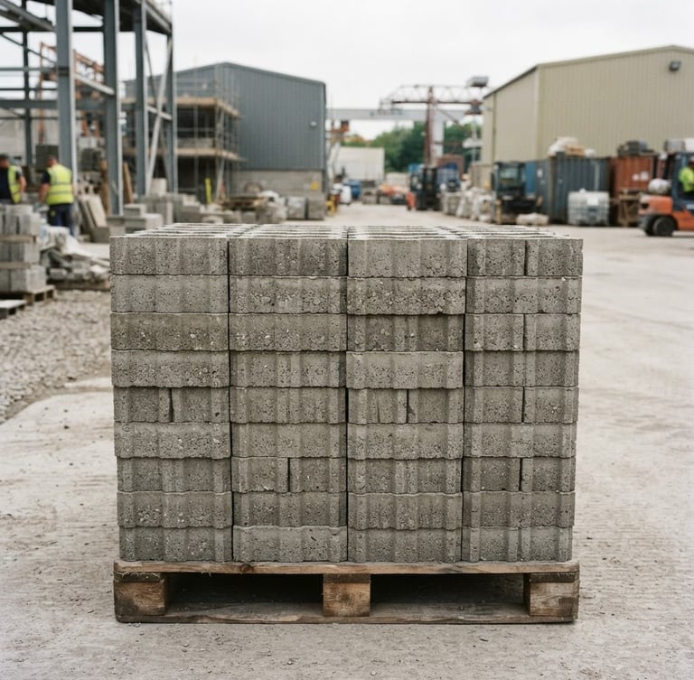 Straight-on geometric architectural shot of neatly stacked concrete-grey eco bricks on a wooden pallet in a bright, overcast industrial yard, sharp focus, raw material grain, 35mm.