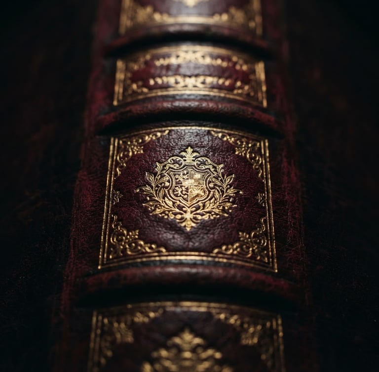 Macro close-up of a premium leather-bound book spine with embossed gold foil lettering, dramatic low-key studio lighting with rich shadows, deep crimson accents, 35mm photography.