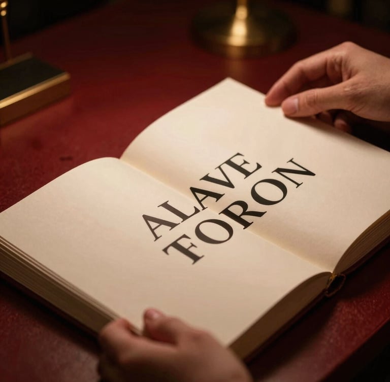 Close-up of a designer's hands examining a physical book proof under warm studio spotlight, showing textured matte paper and crisp black typography, elegant workspace background