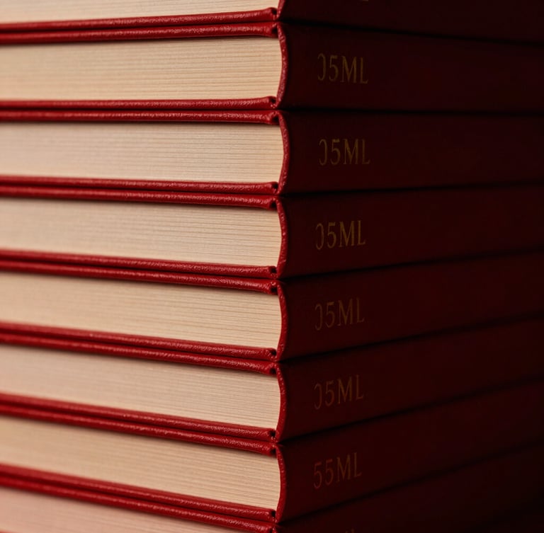 A stack of thick, matte-finish hardcovers with gold foil lettering on their spines, dramatic low-key studio lighting, deep crimson shadows, 35mm photography