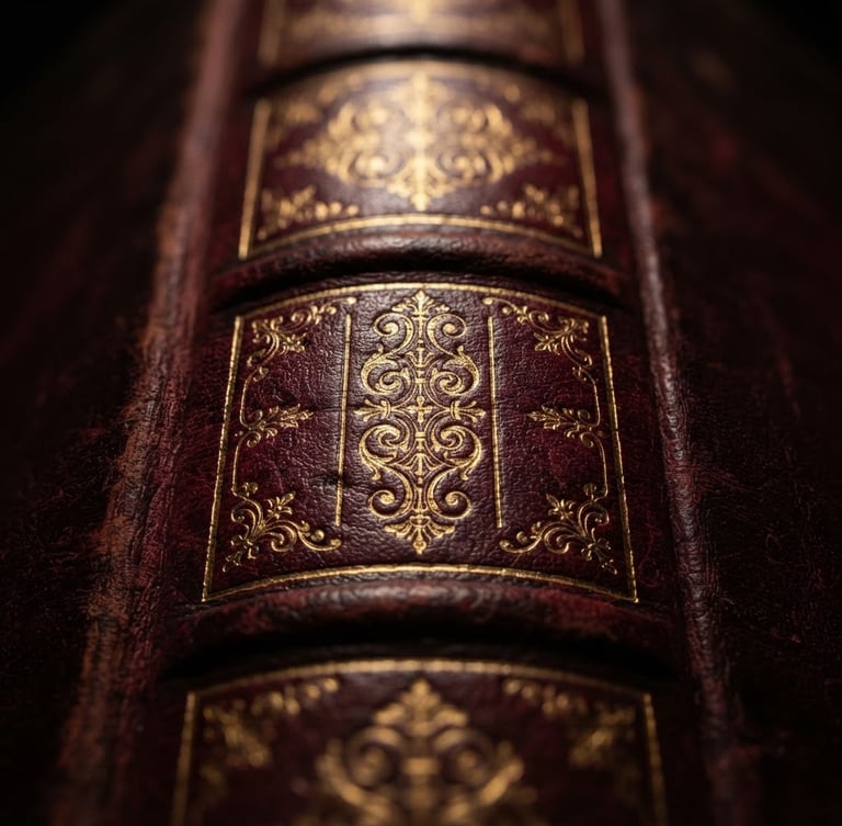 Macro close-up of a physical book spine, gold foil embossed lettering on dark crimson leather, dramatic low-key studio lighting with warm gold highlights, depth of field