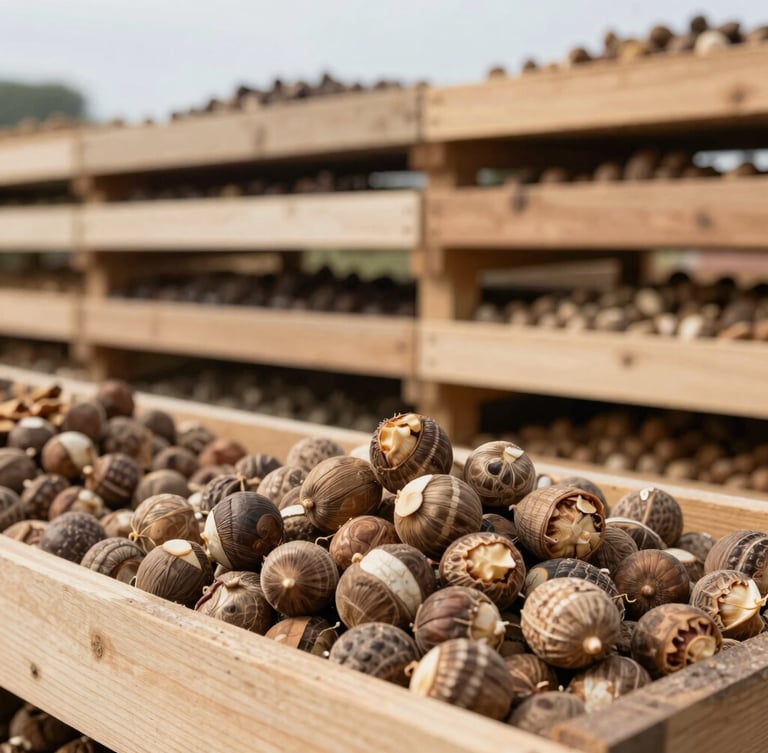 Close-up of raw nutmeg and agricultural commodities in clean, structured timber storage, natural overcast daylight, sharp focus, 35mm lens
