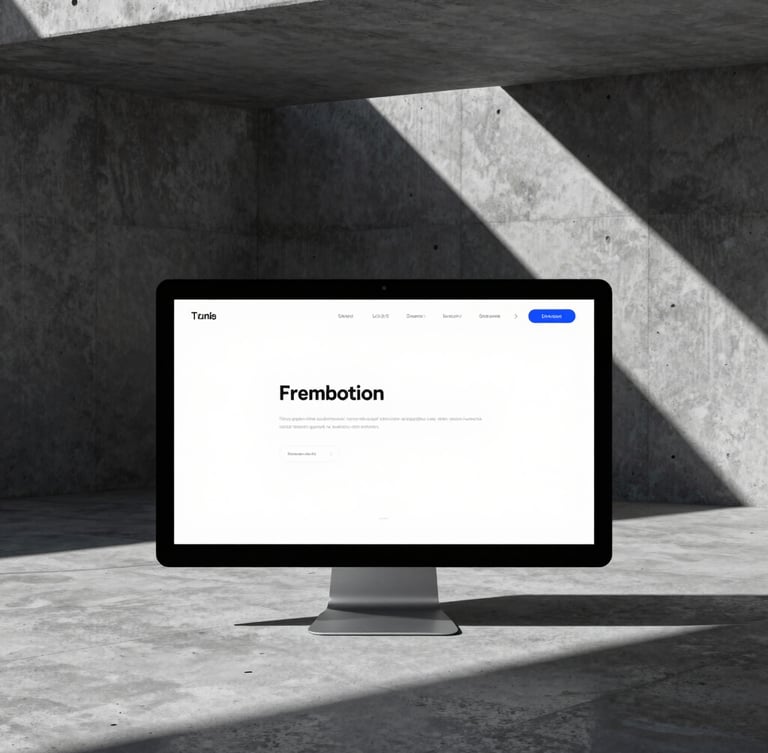 High-fidelity digital mockup of a minimalist website on a modern screen in a brutalist concrete architectural space, cool studio light, stark contrast, sharp shadows