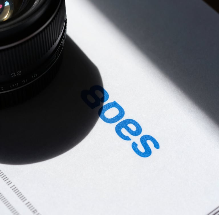 Extreme close-up of a high-contrast printed brand book on heavy textured paper, harsh direct sunlight casting sharp geometric shadows, electric blue ink visible on white paper, 35mm lens.