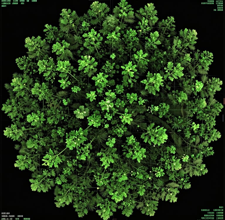 Extreme close-up of a high-resolution satellite telemetry overlay, glowing moss-green raster grids mapping canopy density on an ultra-dark background, sharp technical data readouts in the corners.