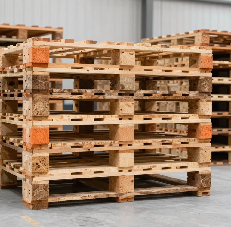 Straight-on industrial shot of clean wooden pallets stacked perfectly in a bright, high-key warehouse bay, sharp details, natural timber tones.