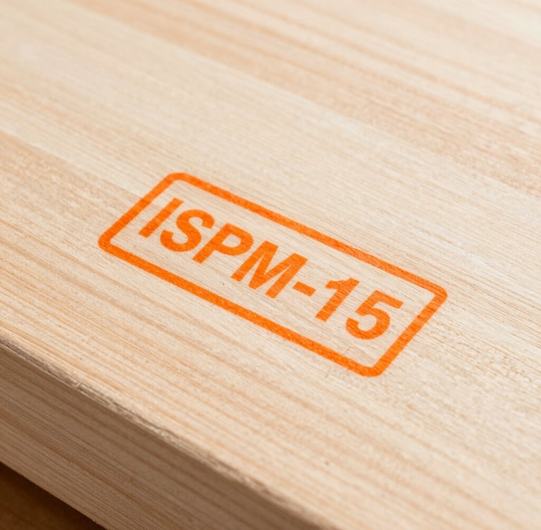 Flat-lay close-up of a crisp, clear ISPM-15 heat-treatment stamp on clean, raw timber, bright industrial daylight, sharp details.