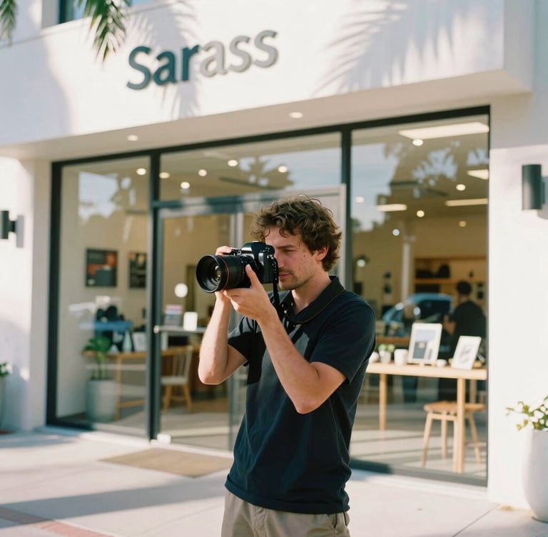 A creative director holding a high-end camera on-location at a modern Sarasota storefront, bright morning Florida sunlight, soft shadows, editorial 35mm photography