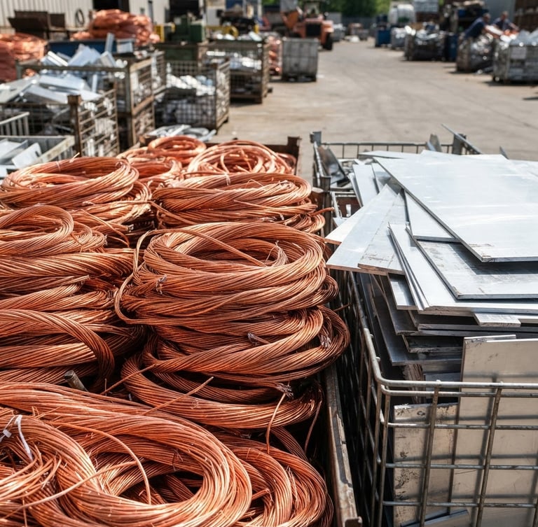 Close-up of sorted bright copper wire bundles and clean aluminum sheets in a bright, organized recycling yard, natural sunlight, sharp focus, 35mm