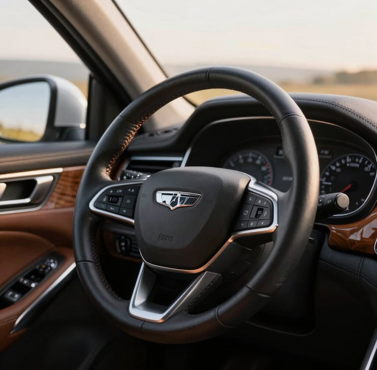 Close-up of a premium leather steering wheel and refined wood dashboard detailing, warm morning light filtering through the window, shallow depth of field, 35mm.