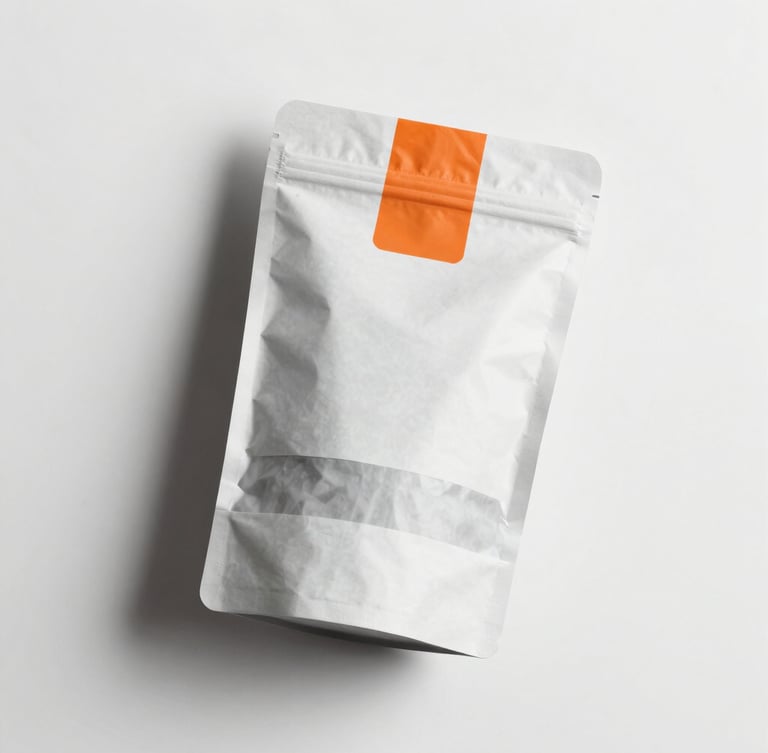 A flat-lay of clean minimalist consumer goods packaging on a stark white surface, sharp lighting, safety orange accent tag