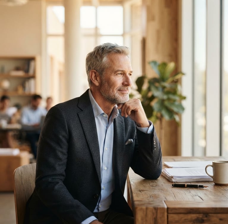 Thoughtful portrait of a senior business advisor in a warm, sunlit modern architectural workspace, soft natural light, shallow depth of field
