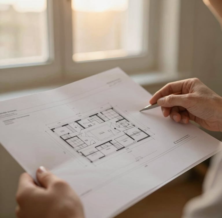 Close-up detail of hands reviewing architectural plans on heavy paper, warm golden-hour window light, shallow depth of field