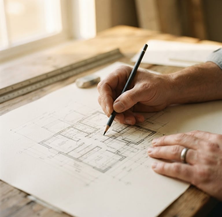 Close-up of hands sketching architectural plans on heavy cream paper, soft golden-hour window light, warm ivory tones, shallow depth of field, 35mm lens