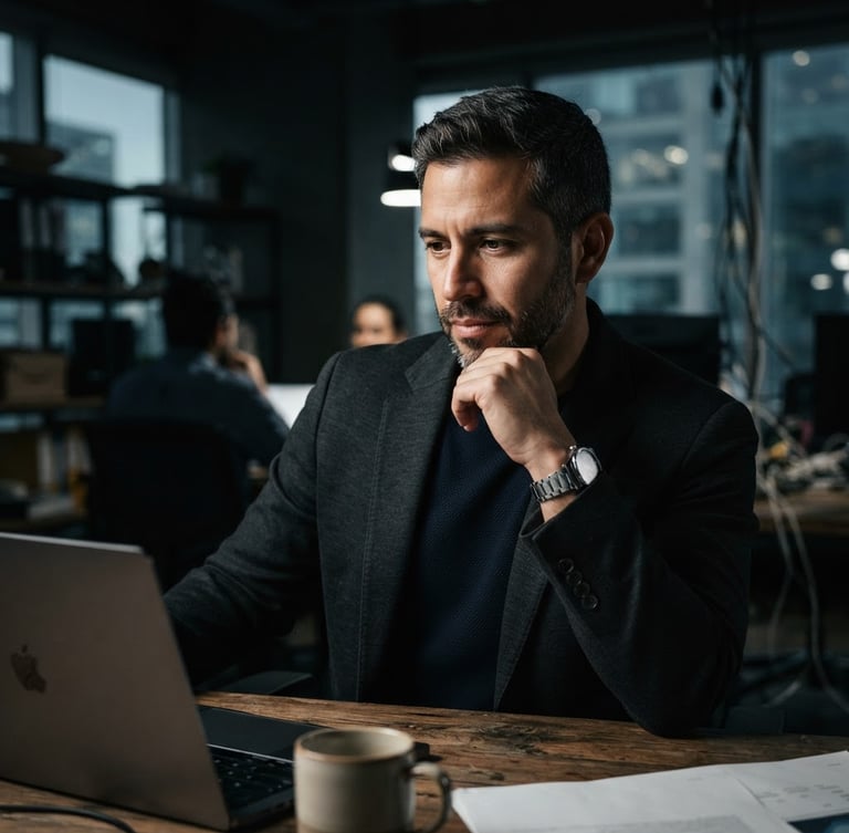 Editorial portrait of a Hispanic male entrepreneur in his late 30s, natural thoughtful expression, high-contrast side lighting, deep shadows, dark modern workspace background, 85mm lens, professional
