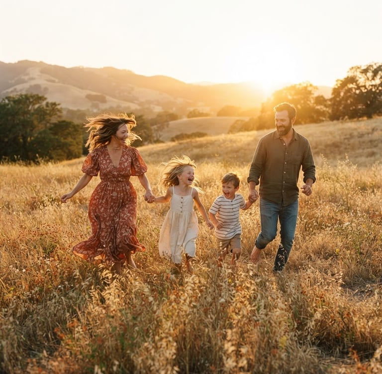 Candid wide shot of a family of four running through a golden-hour California field, backlit by warm sun, laughter, wind-blown hair, cinematic 35mm film style