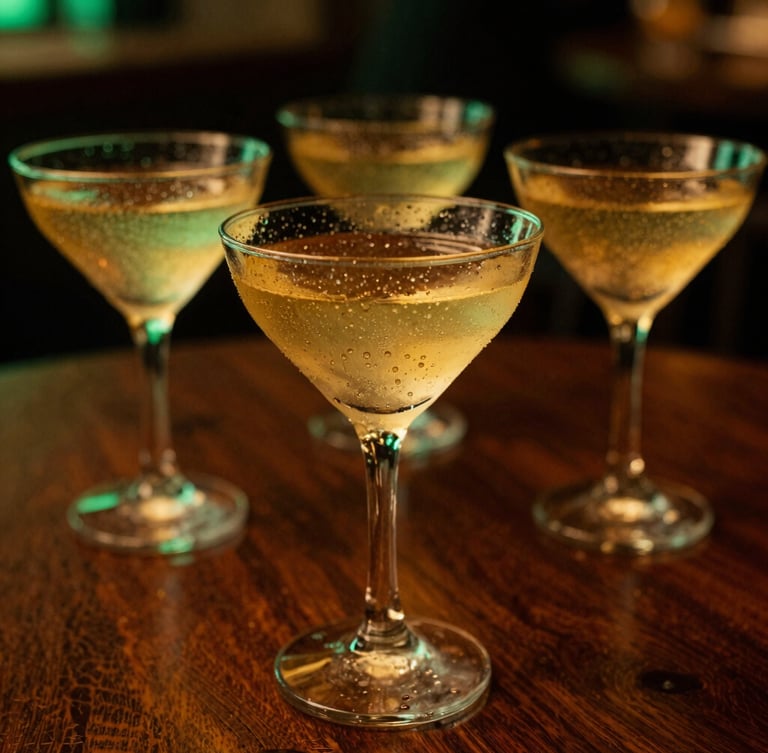 Moody close-up of condensation-beaded cocktail glasses glowing under warm amber and emerald neon lights, rich dark wood texture, shallow depth of field, 35mm