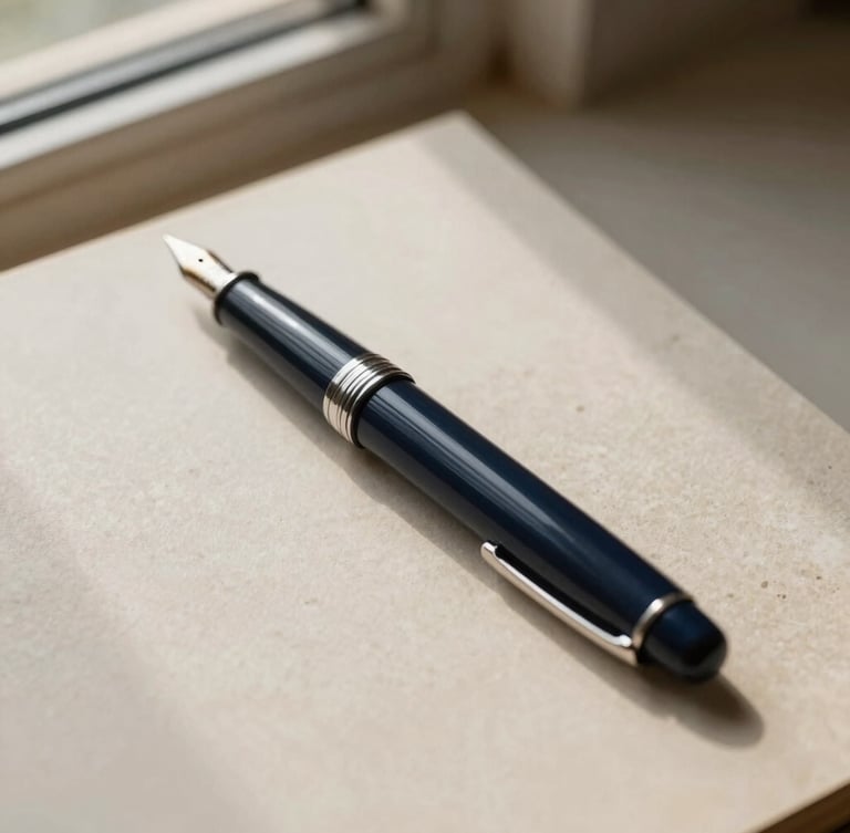 A close-up of a fountain pen on heavy textured paper, soft directional window light, deep navy and warm stone tones, 35mm editorial style