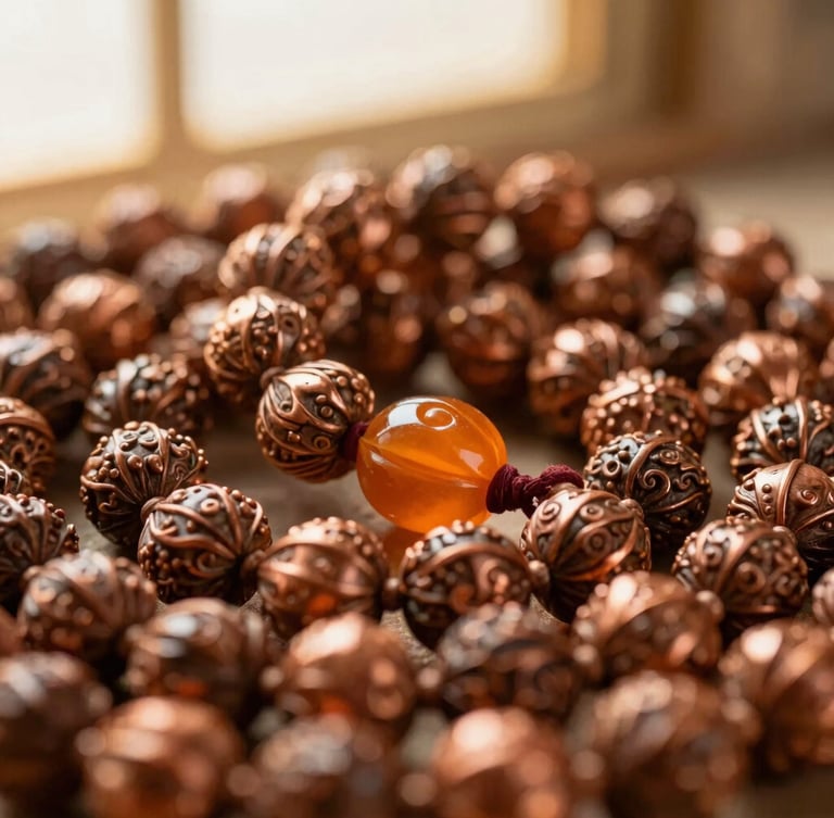 Macro shot of a sacred Rudraksha Mala draped over raw copper, warm golden light, shallow depth of field