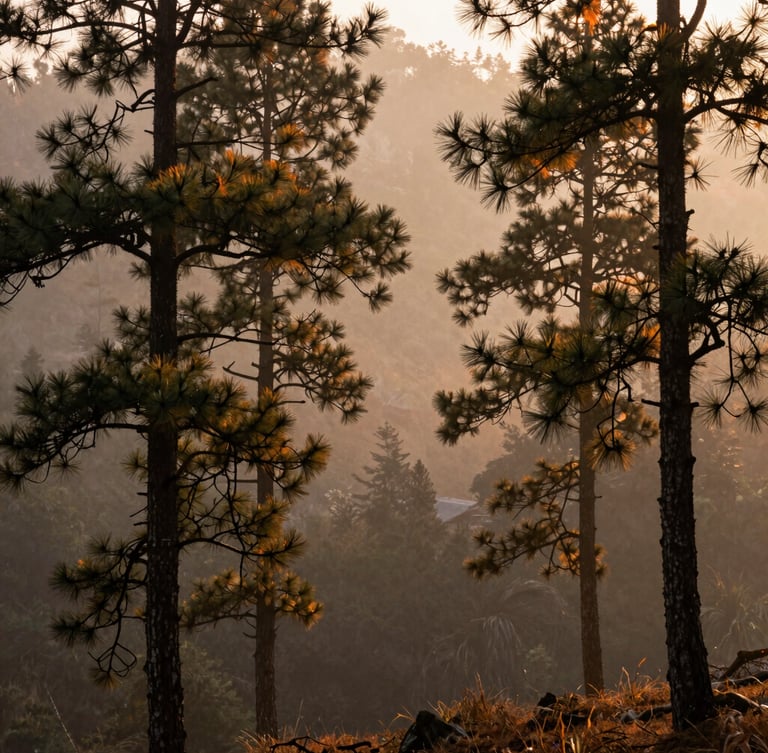 A serene Nepalese mountain forest in morning mist, towering pine trees, soft diffused sunlight filtering through branches, cinematic atmosphere.