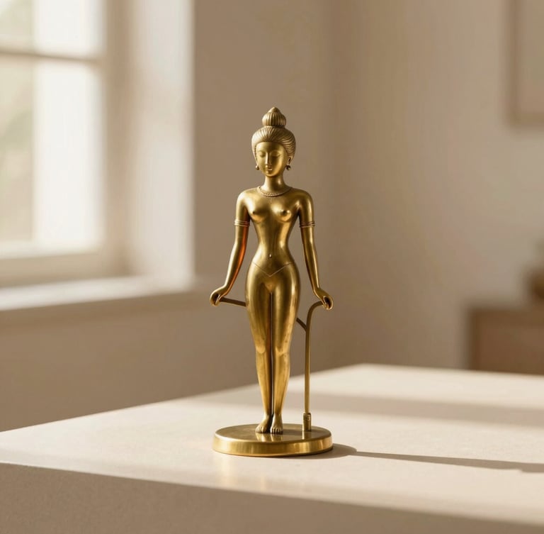 A minimalist brass Shiva sculpture on a clean modern home altar, soft shadows, warm beige background