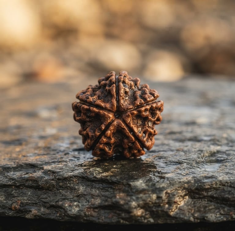 Macro photograph of a single symmetrical five-mukhi Rudraksha bead resting on wet Himalayan slate, soft golden window light, shallow depth of field.
