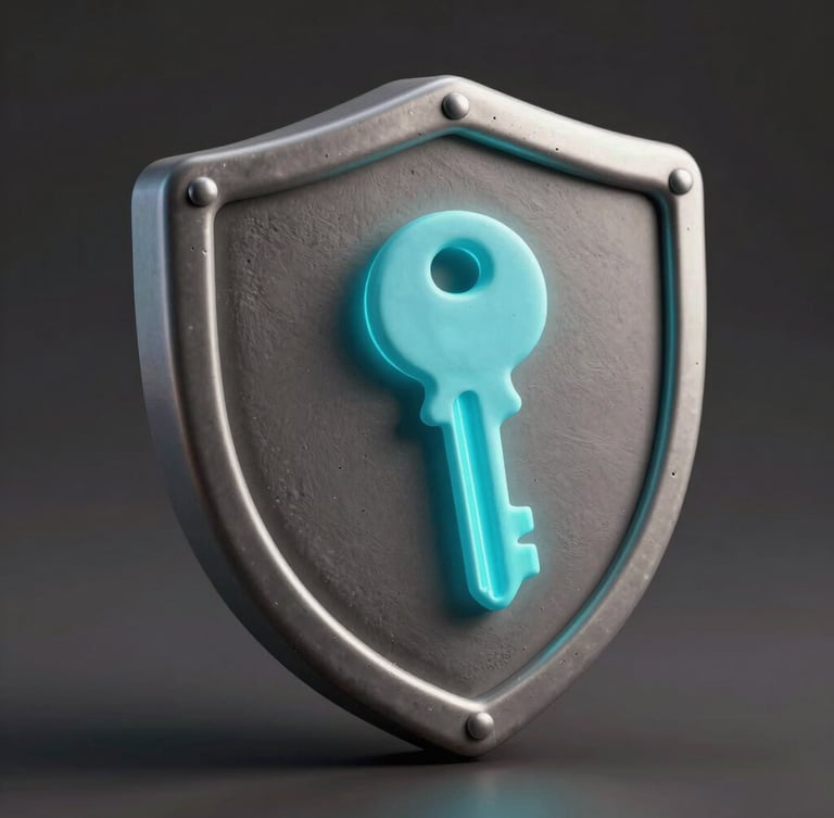 Close-up isometric 3D render of a metallic shield protecting a glowing cyan digital key, soft clay texture, dark studio lighting, dramatic shadows.