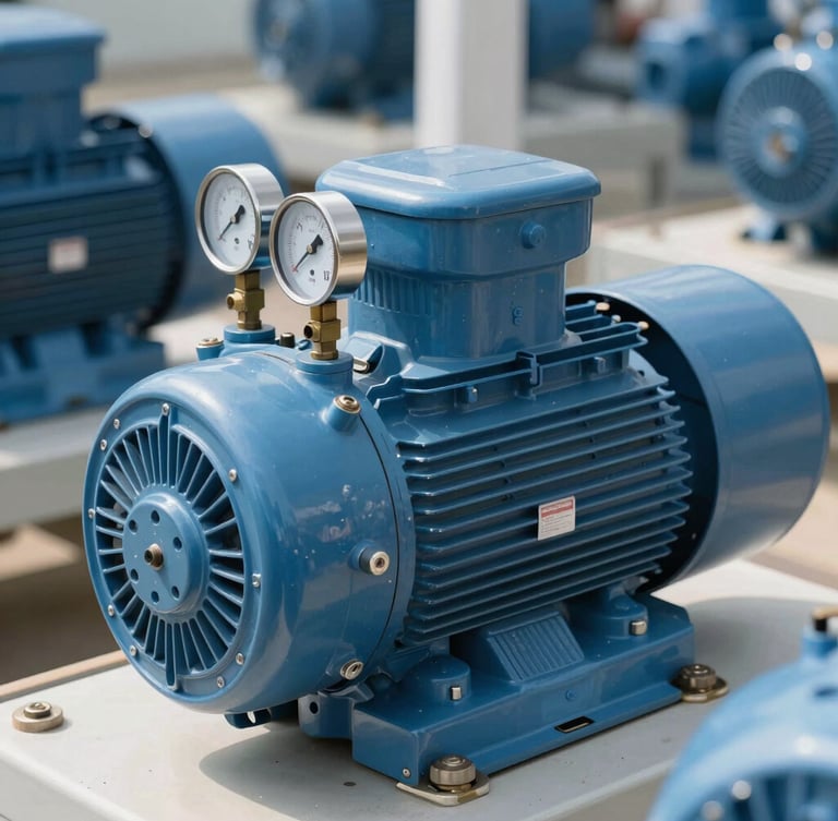 Close-up of a high-pressure water pump motor, clean industrial installation, blue metal casings, technical gauges, bright daylight focus