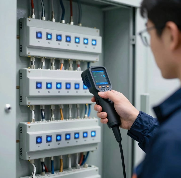 Close-up of a technician in safety gear using a thermal imaging camera on a clean, complex electrical control panel with blue indicator lights, sharp industrial focus.