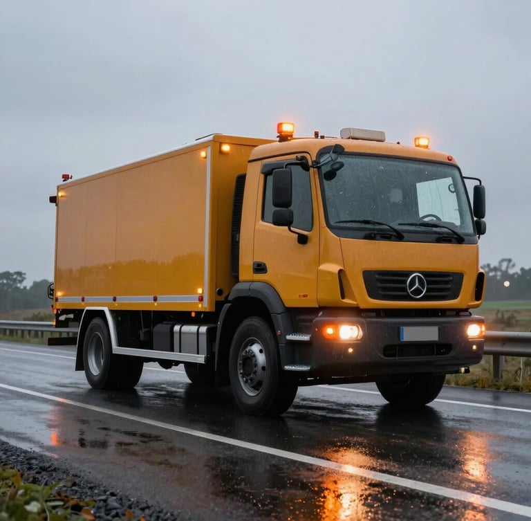 Low-angle heroic shot of an amber-lit recovery truck on a dark motorway shoulder, rain slicked tarmac, high-visibility hazard lights casting a bright orange glow.