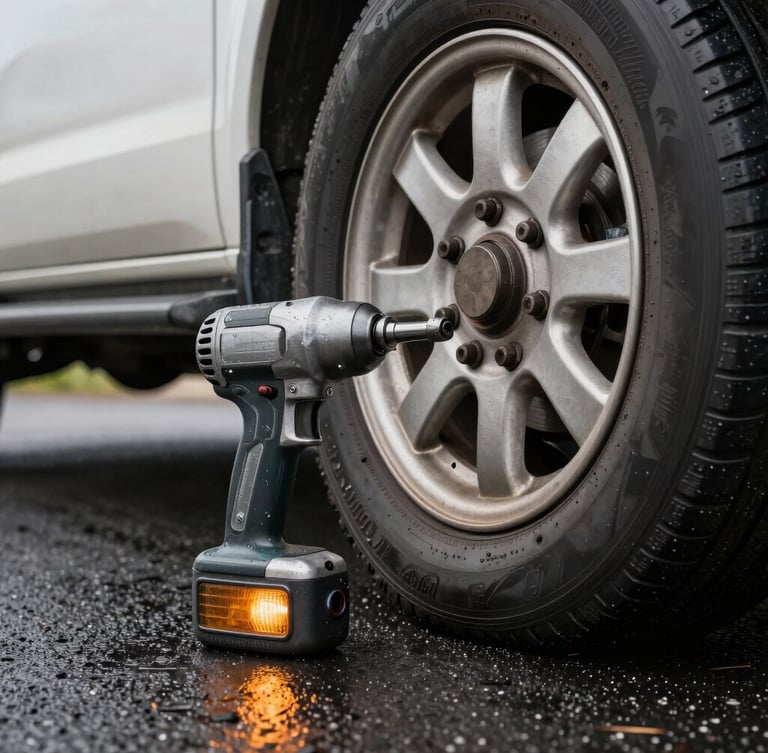 Low-angle close-up of a heavy-duty impact wrench loosening lug nuts on a commercial vehicle wheel, amber emergency light reflecting on wet asphalt, industrial grit, high contrast.