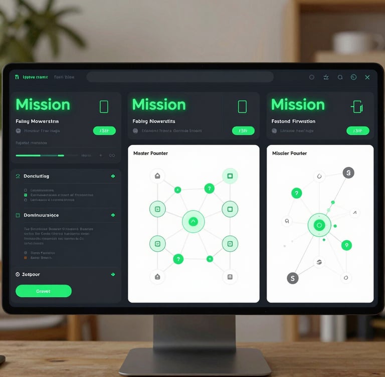High-fidelity UI mockup of the three-panel mission builder with glowing green terminal text, active agent status indicators, and complex ownership network node maps, wide-angle dashboard view
