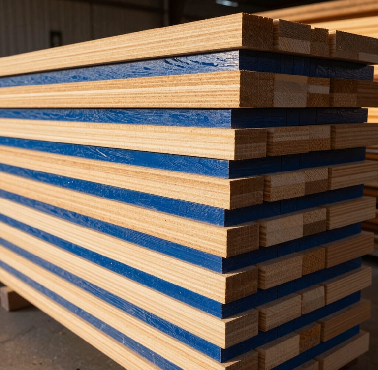 Warm, low-angled golden hour light on a stack of precision-cut timber planks in a modern wood manufacturing facility, sharp focus, 35mm