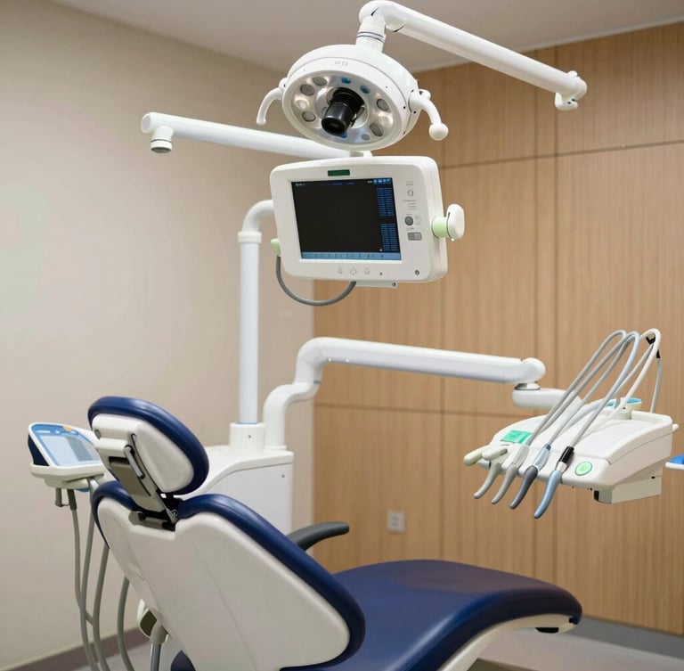 Crisp, clean image of a high-tech dental chair with integrated digital imaging equipment, clinical white lighting, sharp focus, 35mm