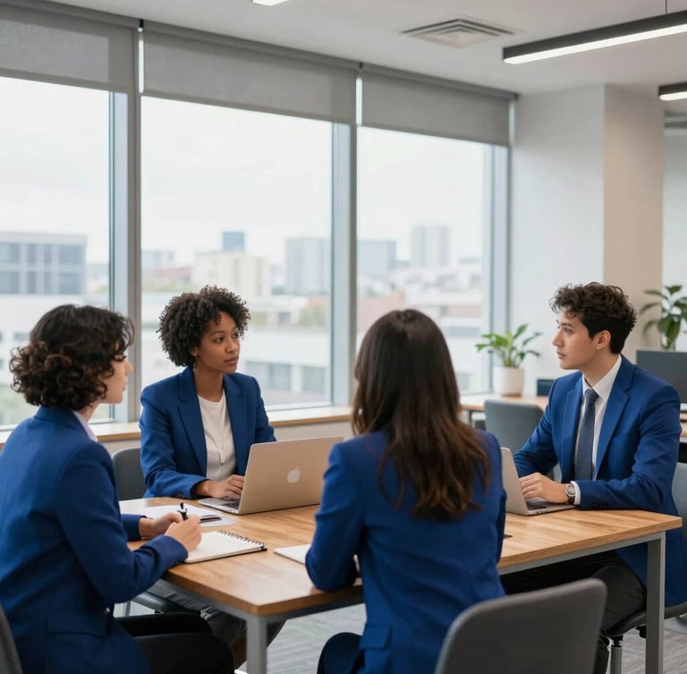 Diverse team of professionals collaborating in a modern, well-lit corporate office, crisp architectural daylight, focus on engaged discussion, deep royal blue and warm wood tones, 35mm.