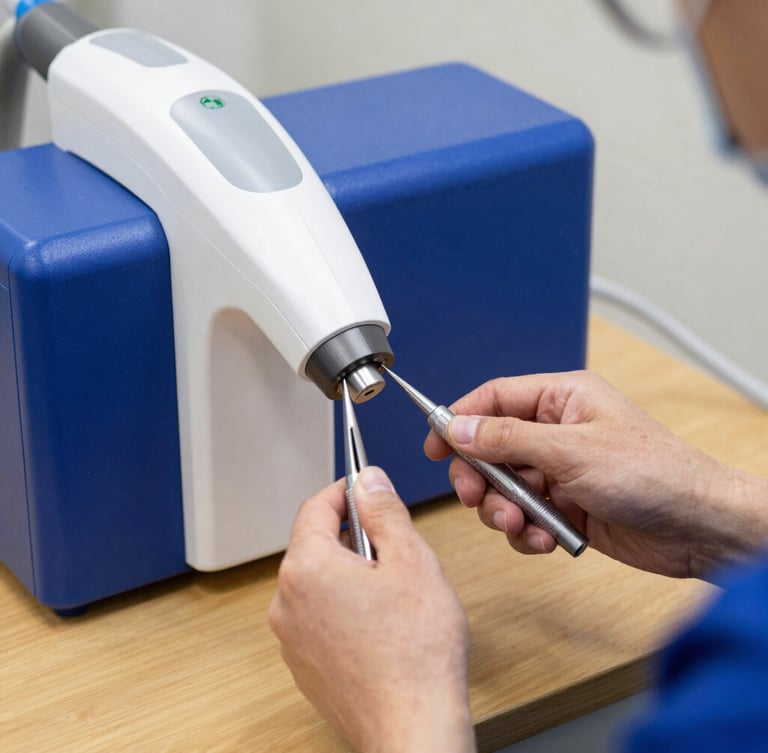 Close up of a certified technician calibrating a complex dental laser unit with precision tools, bright clinical lighting, sharp focus, 35mm